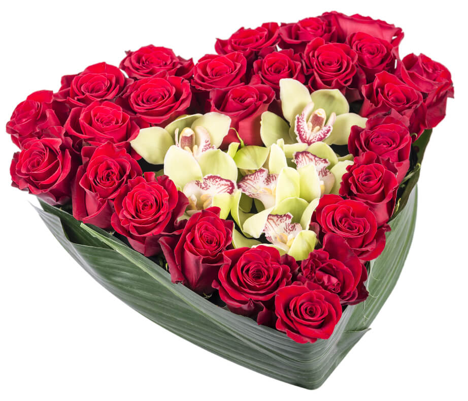 Corazon de rosas rojas y orquideas